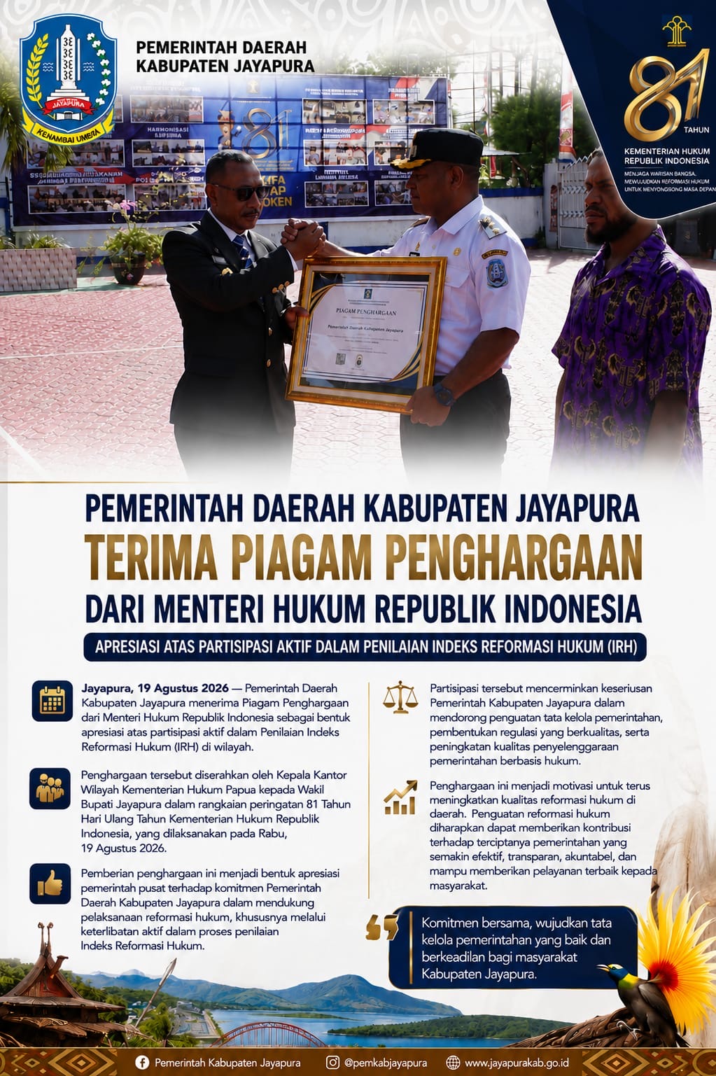 PENYERAHAN PIAGAM PENGHARGAAN MENTERI HUKUM RI KEPADA PEMERINTAH DAERAH KABUPATEN JAYAPURA